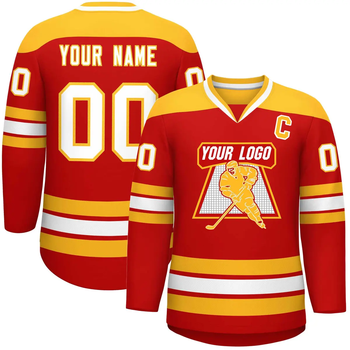 Red Gold-White Classic V-Neck Hockey Jersey