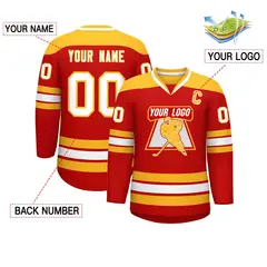 Red Gold-White Classic V-Neck Hockey Jersey 2