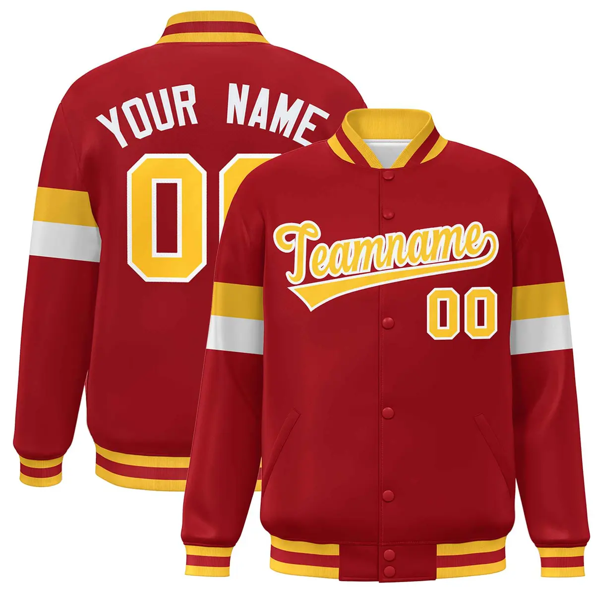 Red Gold-White Color Block Varsity Baseball Jacket