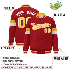 Red Gold-White Color Block Varsity Baseball Jacket 2
