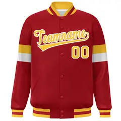 Red Gold-White Color Block Varsity Baseball Jacket 3