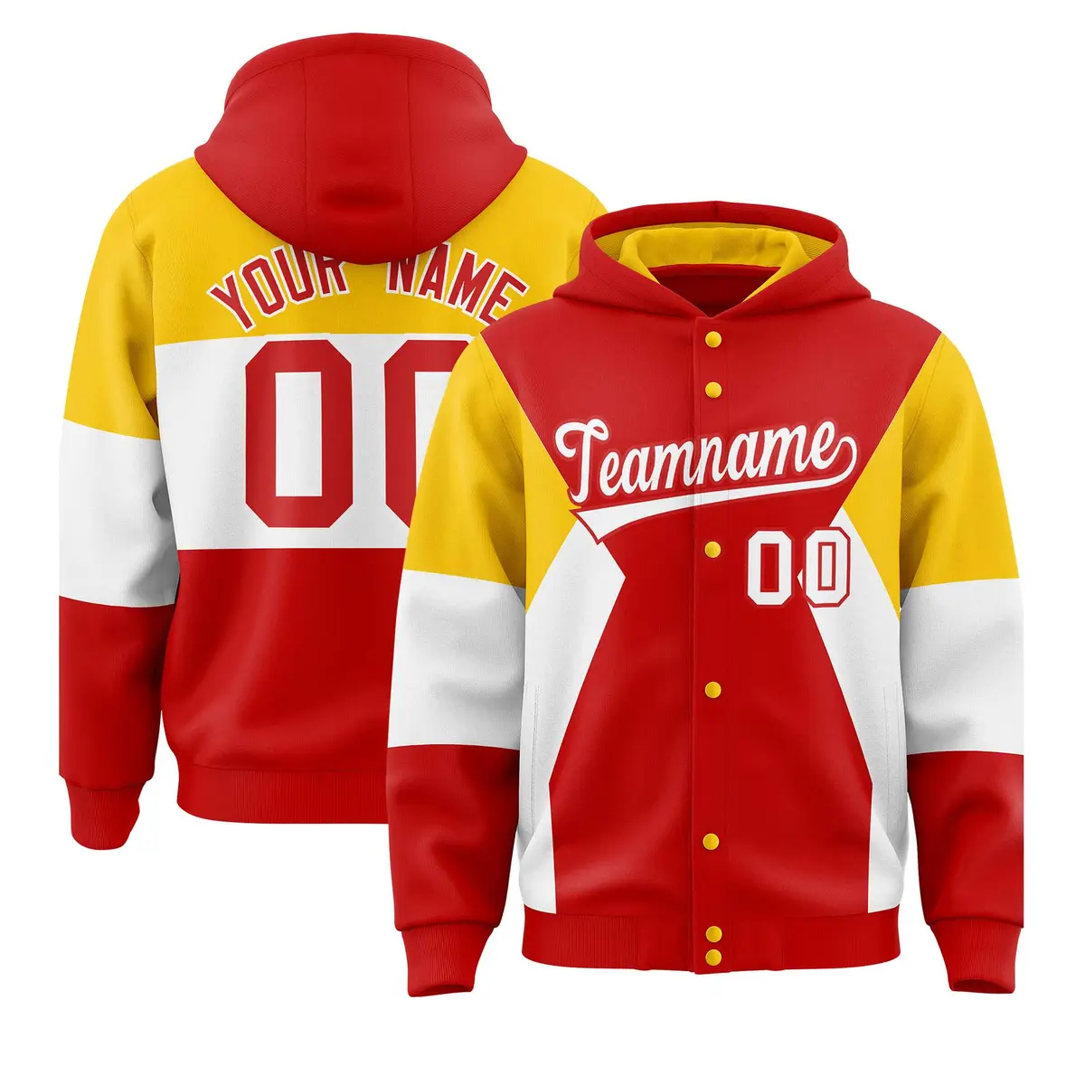 Red Gold-White Color Block Varsity Full-Snap Letterman Jacket Hoodie