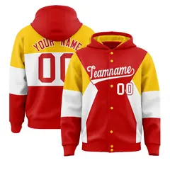 Red Gold-White Color Block Varsity Full-Snap Letterman Jacket Hoodie