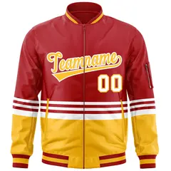 Red Gold-White Color Block Varsity Letterman Bomber Jacket 3
