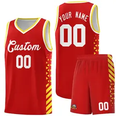 Red Gold White Diamond Stripe Side Basketball Jersey