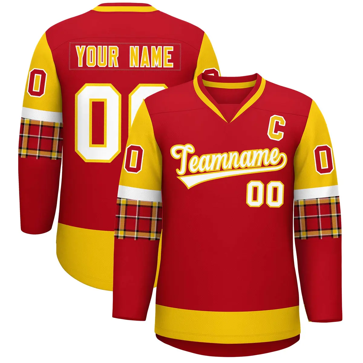 Red Gold-White Raglan Sleeves V-Neck Hockey Jersey