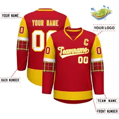 Red Gold-White Raglan Sleeves V-Neck Hockey Jersey 2