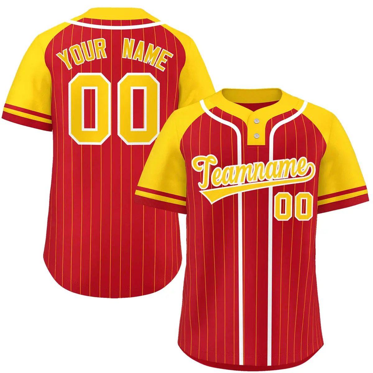 Red Gold-White Stripe Raglan Two-Button Softball Jersey