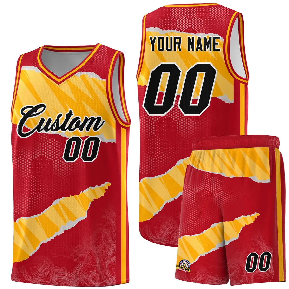 Red Gold-White Tear Graffiti Sports Basketball Jersey