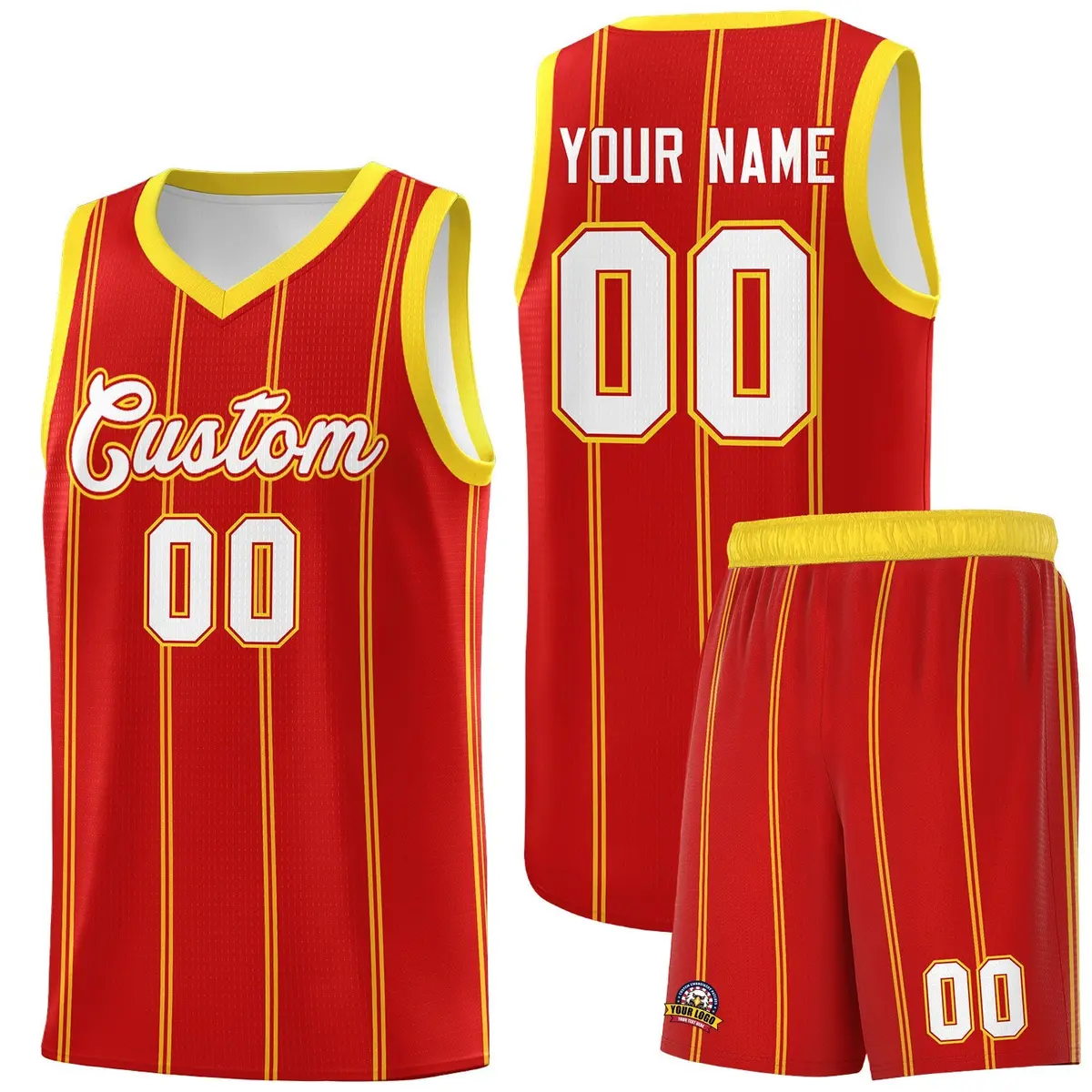 Red Gold White Vertical Stripe Single Sided Basketball Jersey