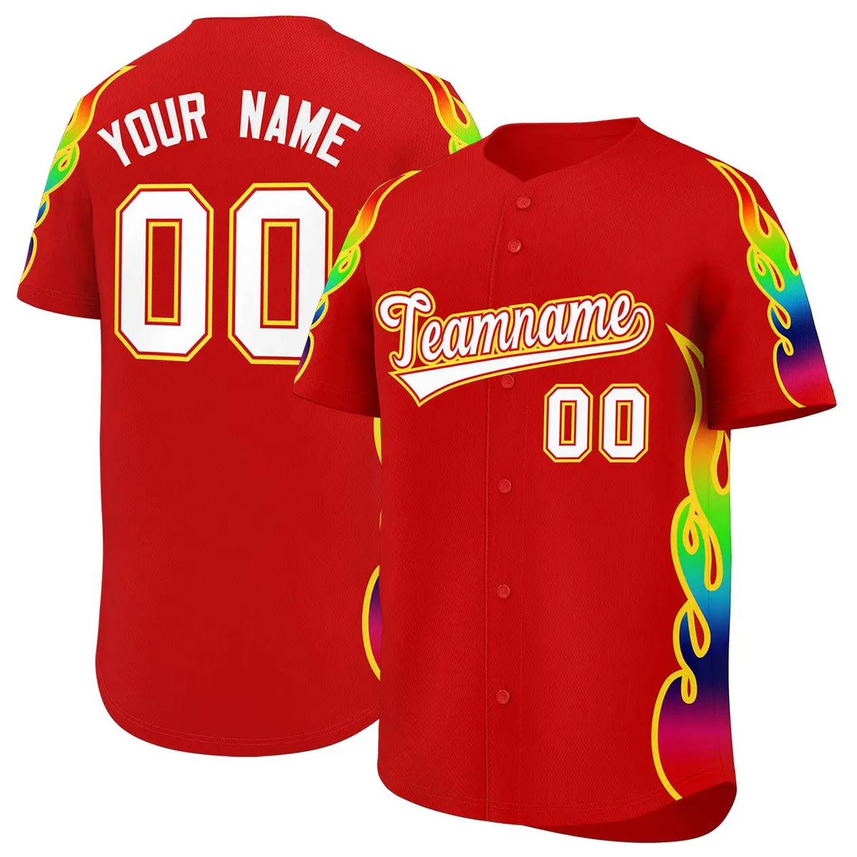 Red Graffiti Multicolored Flames Print Baseball Jersey
