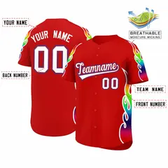 Red Graffiti Multicolored Flames Print Baseball Jersey 2
