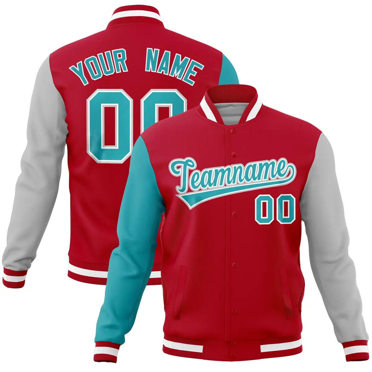 Red Gray-Aqua Raglan Sleeves Full-Snap Varsity Letterman Jacket