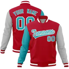 Red Gray-Aqua Raglan Sleeves Full-Snap Varsity Letterman Jacket