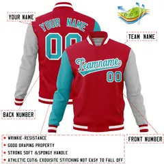 Red Gray-Aqua Raglan Sleeves Full-Snap Varsity Letterman Jacket 4