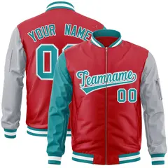 Red Gray-Aqua Varsity Full-Zip Raglan Letterman Bomber Jacket