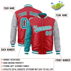 Red Gray-Aqua Varsity Full-Zip Raglan Letterman Bomber Jacket 2