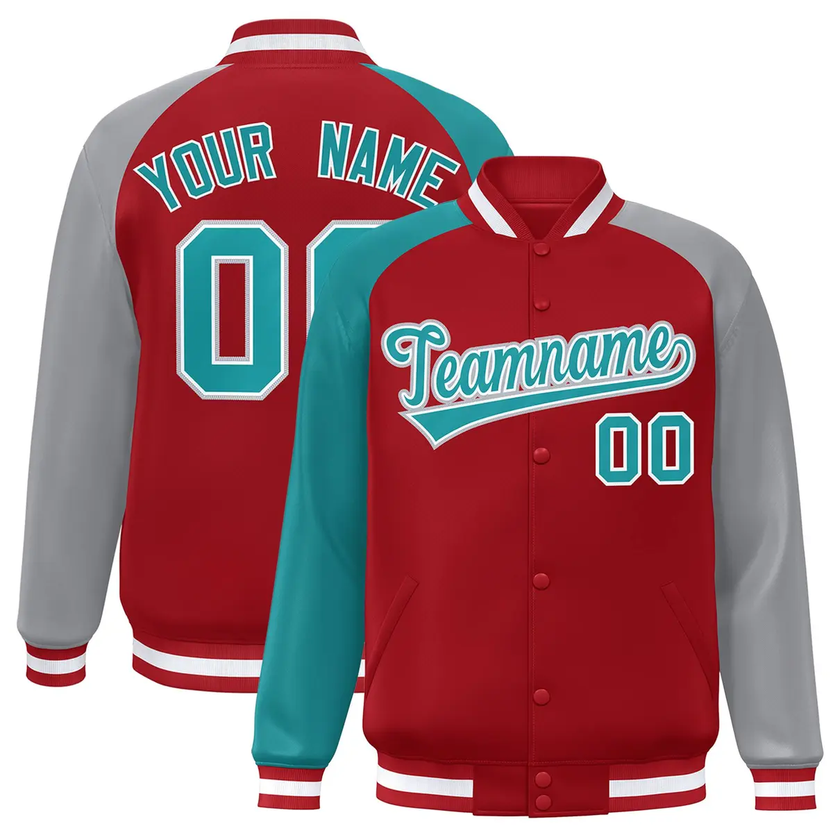 Red Gray-Aqua Varsity Raglan Sleeves Letterman Bomber Jacket
