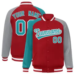 Red Gray-Aqua Varsity Raglan Sleeves Letterman Bomber Jacket