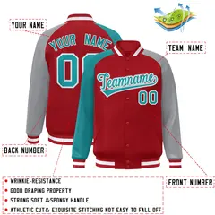 Red Gray-Aqua Varsity Raglan Sleeves Letterman Bomber Jacket 2