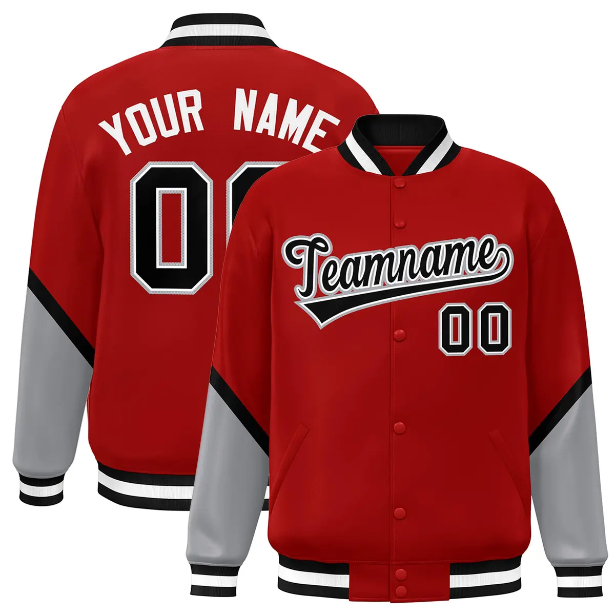 Red Gray Color Block Varsity Letterman Baseball Jacket