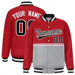 Red Gray Full-Snap Color Block Varsity Letterman Jacket 1