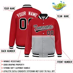 Red Gray Full-Snap Color Block Varsity Letterman Jacket 2