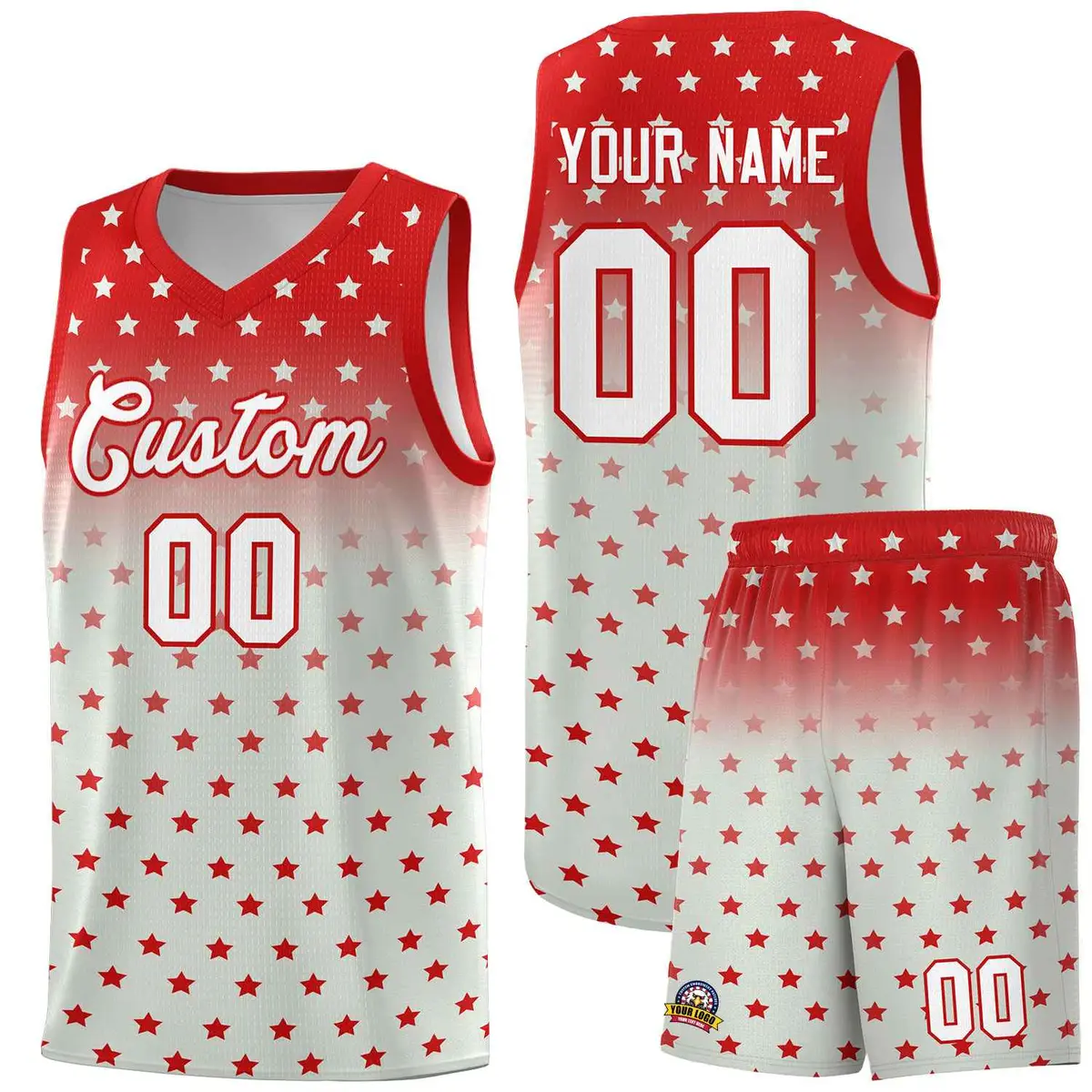 Red Gray Gradient Star Pattern Basketball Jersey Sets