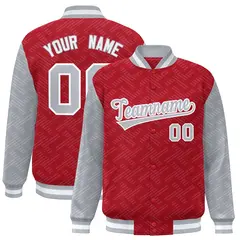 Red Gray L Pattern Varsity Raglan Letterman Baseball Jacket 1