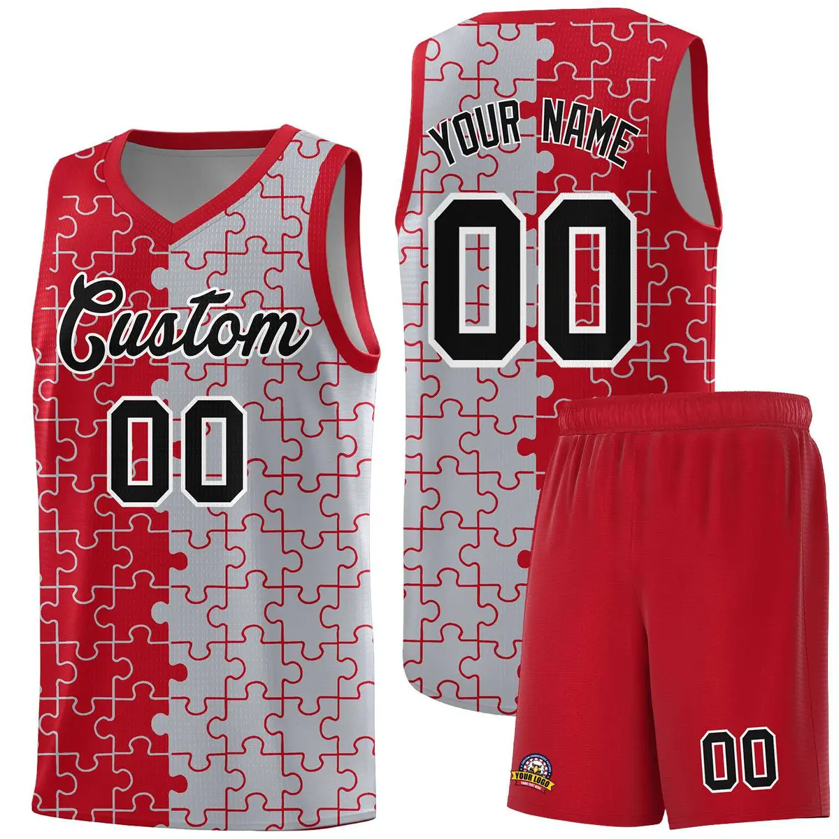 Red Gray Puzzle Pattern Splid Basketball Kits
