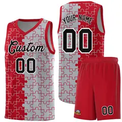 Red Gray Puzzle Pattern Splid Basketball Kits
