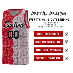 Red Gray Puzzle Pattern Splid Basketball Kits 2