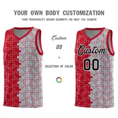 Red Gray Puzzle Pattern Splid Basketball Kits 3