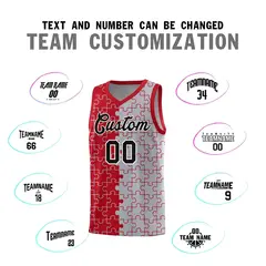 Red Gray Puzzle Pattern Splid Basketball Kits 4