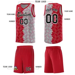 Red Gray Puzzle Pattern Splid Basketball Kits 5