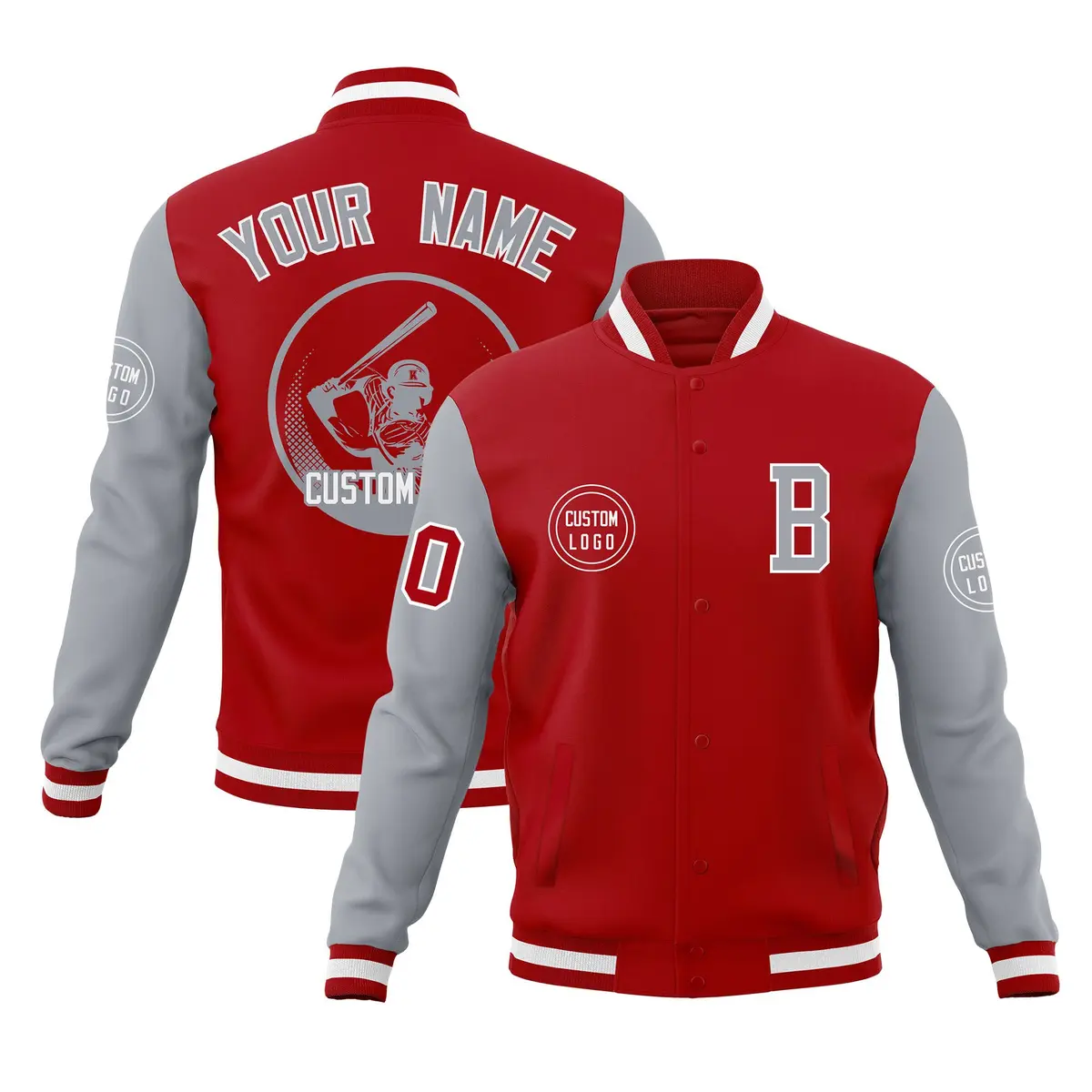 Red Gray Raglan Full-Snap Varsity Letterman Baseball Jacket