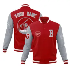 Red Gray Raglan Full-Snap Varsity Letterman Baseball Jacket