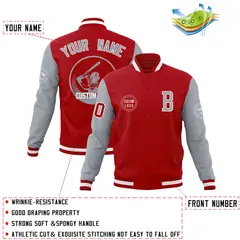 Red Gray Raglan Full-Snap Varsity Letterman Baseball Jacket 4