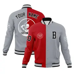 Red Gray Split Full-Snap Varsity Letterman Baseball Jacket