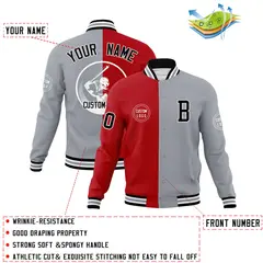 Red Gray Split Full-Snap Varsity Letterman Baseball Jacket 4
