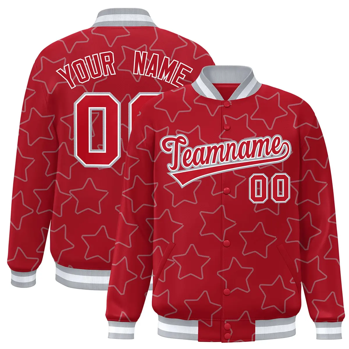 Red Gray Star Pattern Varsity Letterman Baseball Jacket
