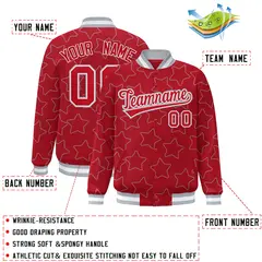 Red Gray Star Pattern Varsity Letterman Baseball Jacket 2
