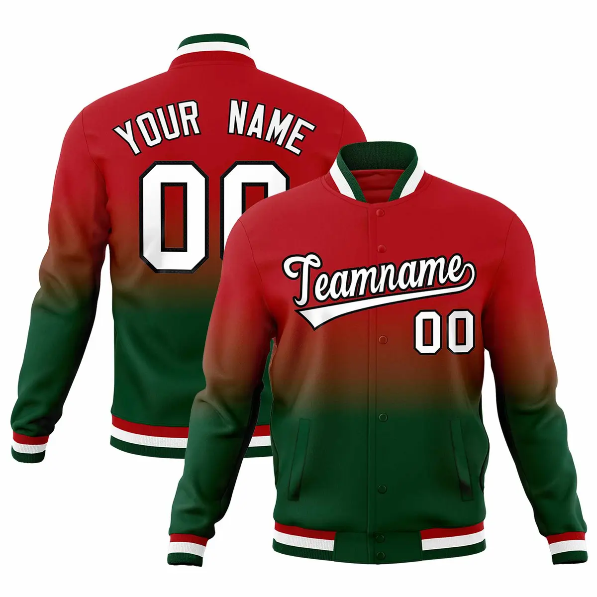 Red Green Gradient Full-Snap Varsity Letterman Jacket