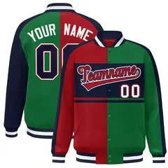 Red Green-Navy Color Block Bomber Varsity Baseball Jacket
