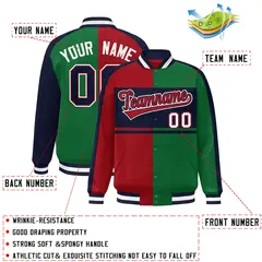 Red Green-Navy Color Block Bomber Varsity Baseball Jacket 2