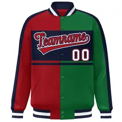 Red Green-Navy Color Block Bomber Varsity Baseball Jacket 3