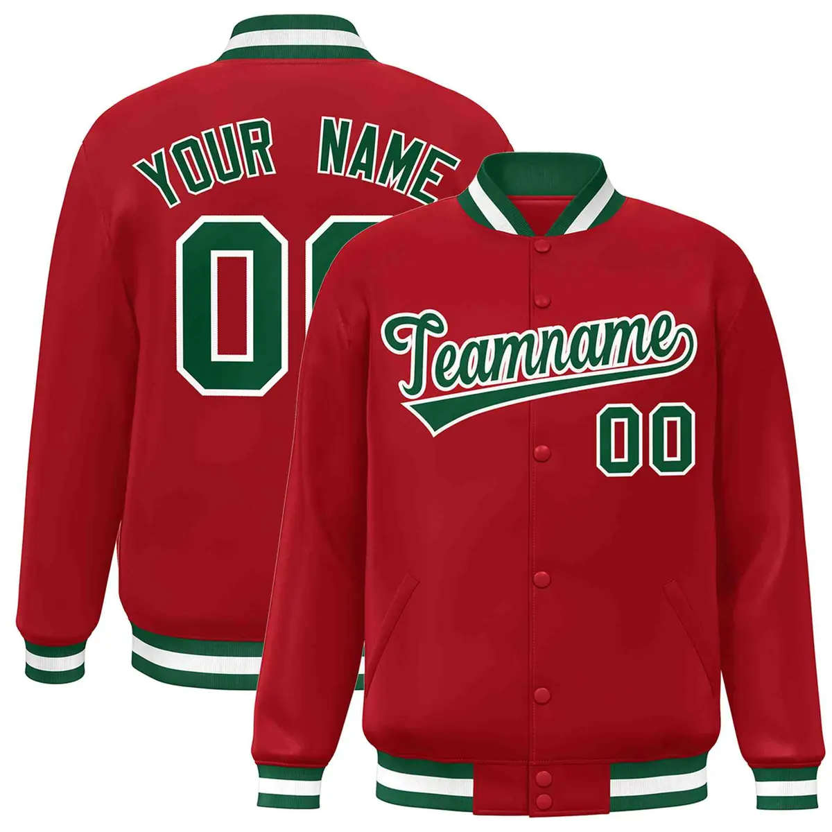 Red Green-White Classic Varsity Full-Snap Letterman Jacket