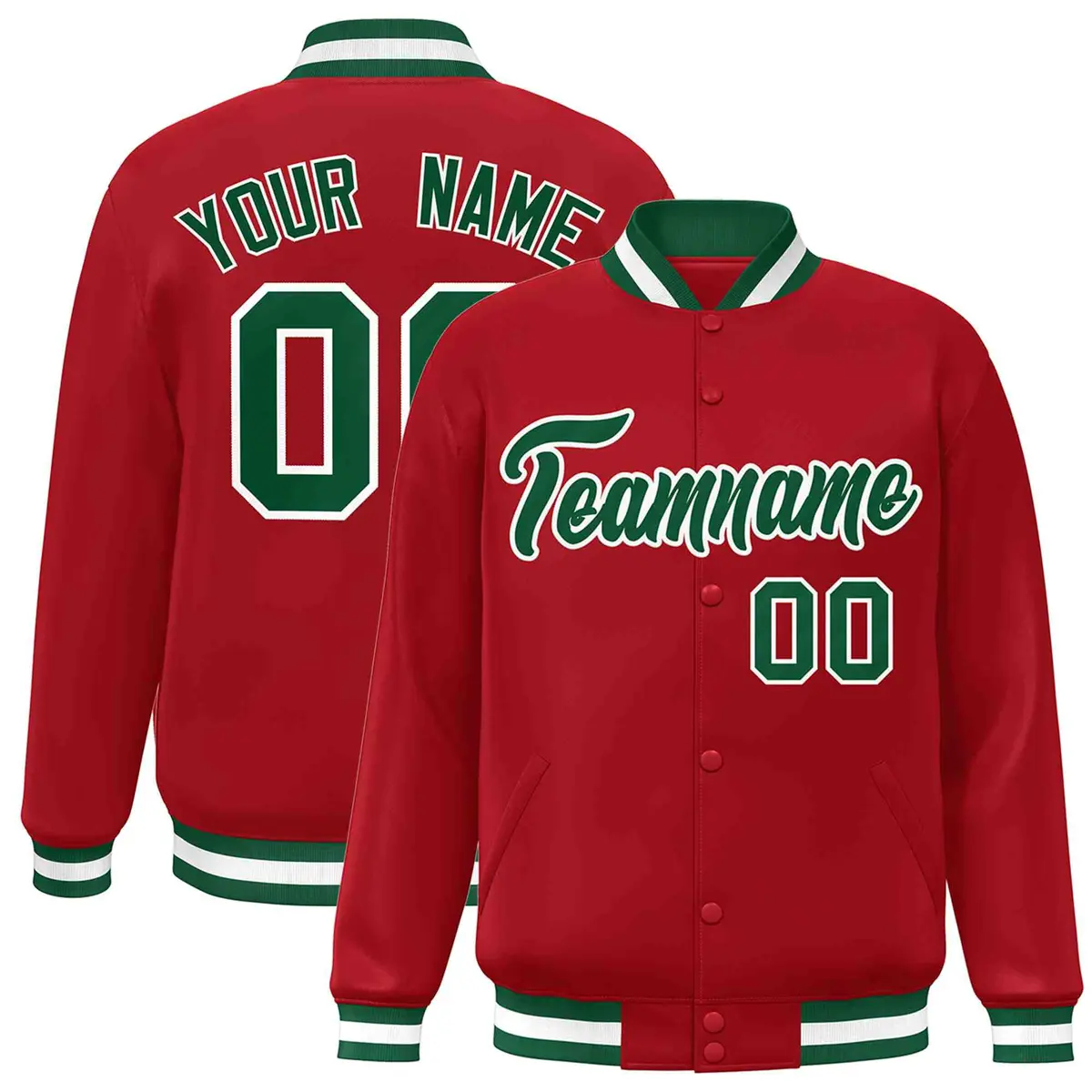 Red Green-White Classic Varsity Full-Snap Letterman Jacket