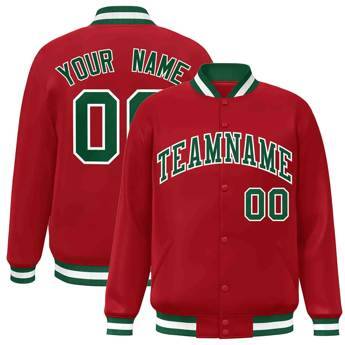 Red Green-White Classic Varsity Full-Snap Letterman Jacket