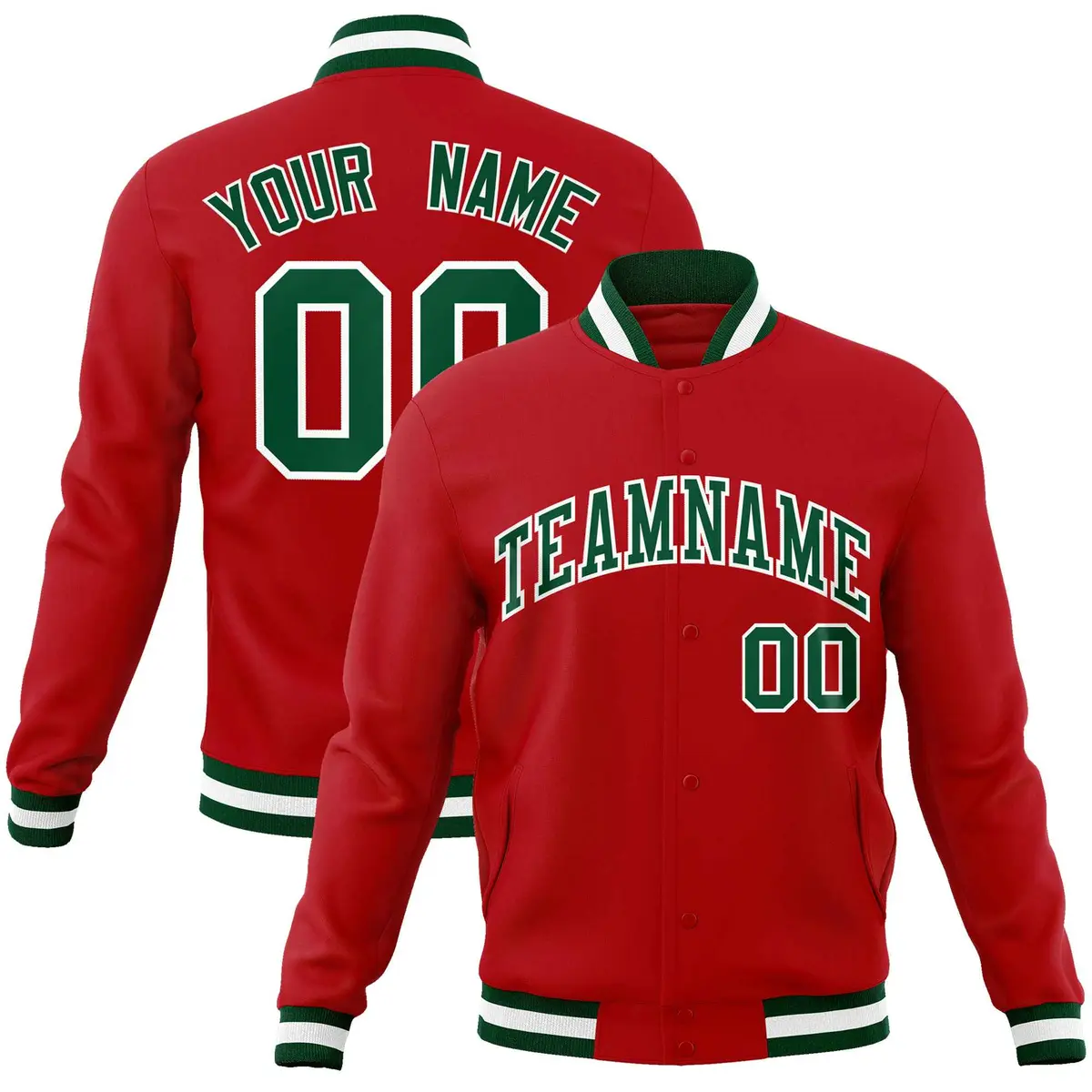 Red Green-White Classic Varsity Full-Snap Letterman Jacket